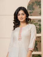 Yufta Linen Beige Embroidery Straight Kurta