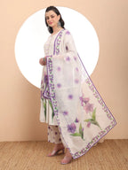 Yufta Linen Cotton White Anarkali Kurta Dupatta Pant Set