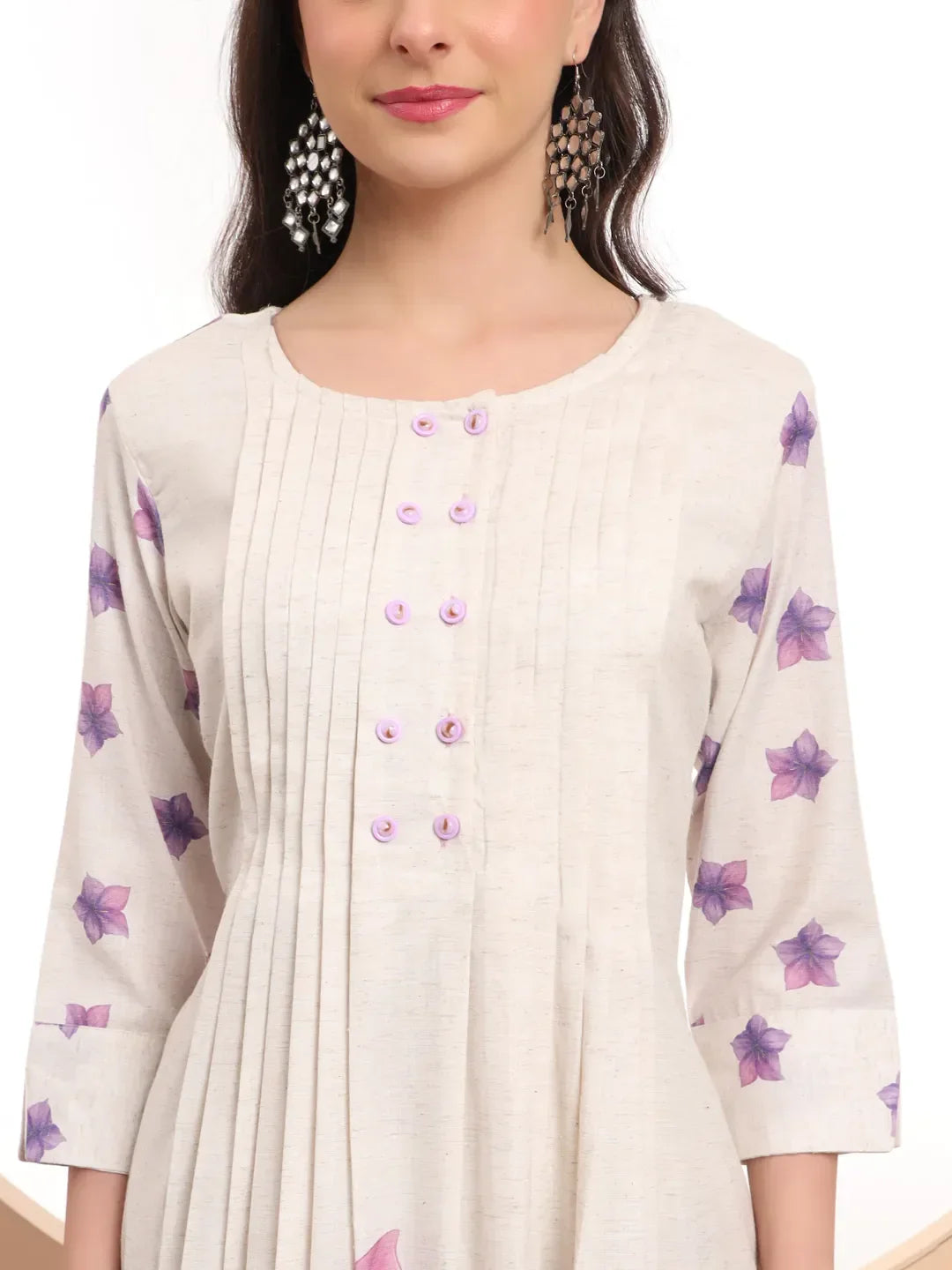 Yufta Linen Cotton White Anarkali Kurta Dupatta Pant Set