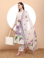 Yufta Linen Cotton White Anarkali Kurta Dupatta Pant Set