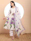 Yufta Linen Cotton White Anarkali Kurta Dupatta Pant Set