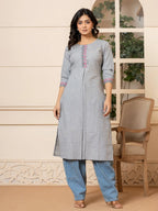 Yufta Linen Grey Embroidery Straight Kurta