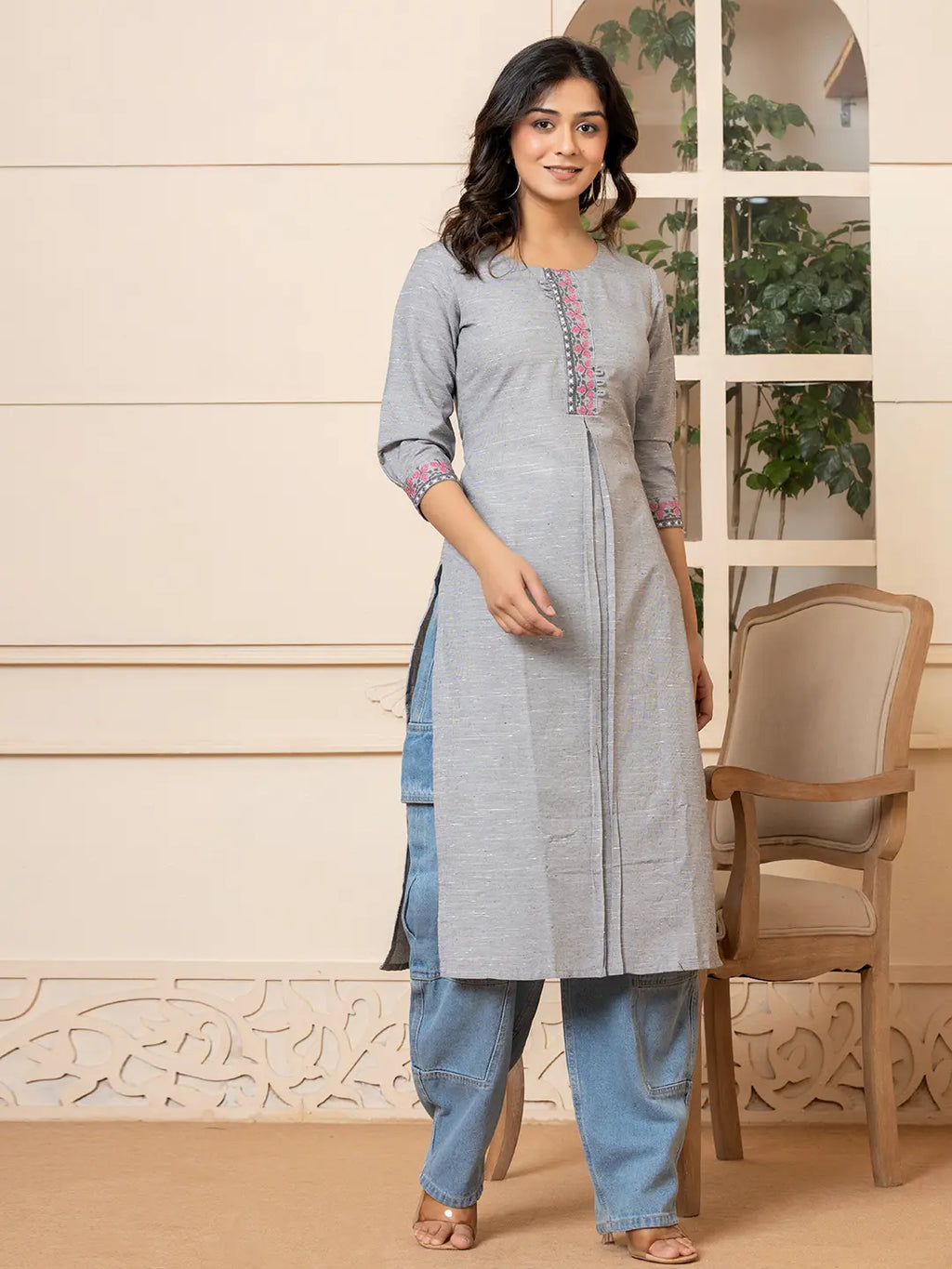 Yufta Linen Grey Embroidery Straight Kurta