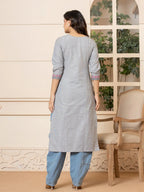 Yufta Linen Grey Embroidery Straight Kurta
