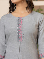 Yufta Linen Grey Embroidery Straight Kurta