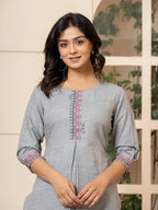 Yufta Linen Grey Embroidery Straight Kurta