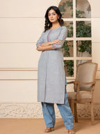 Yufta Linen Grey Embroidery Straight Kurta