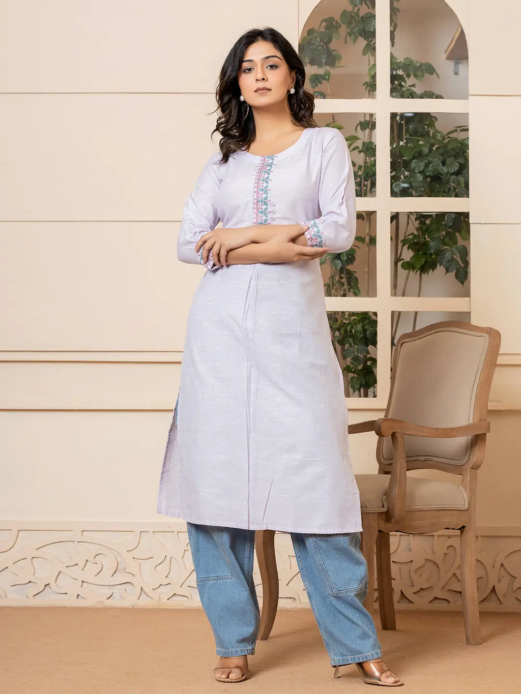 Yufta Linen Lavender Embroidery Straight Kurta