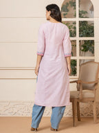 Yufta Linen Pink Embroidery Straight Kurta