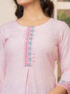 Yufta Linen Pink Embroidery Straight Kurta