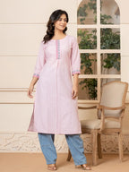 Yufta Linen Pink Embroidery Straight Kurta