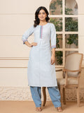 Yufta Linen Sky Blue Embroidery Straight Kurta