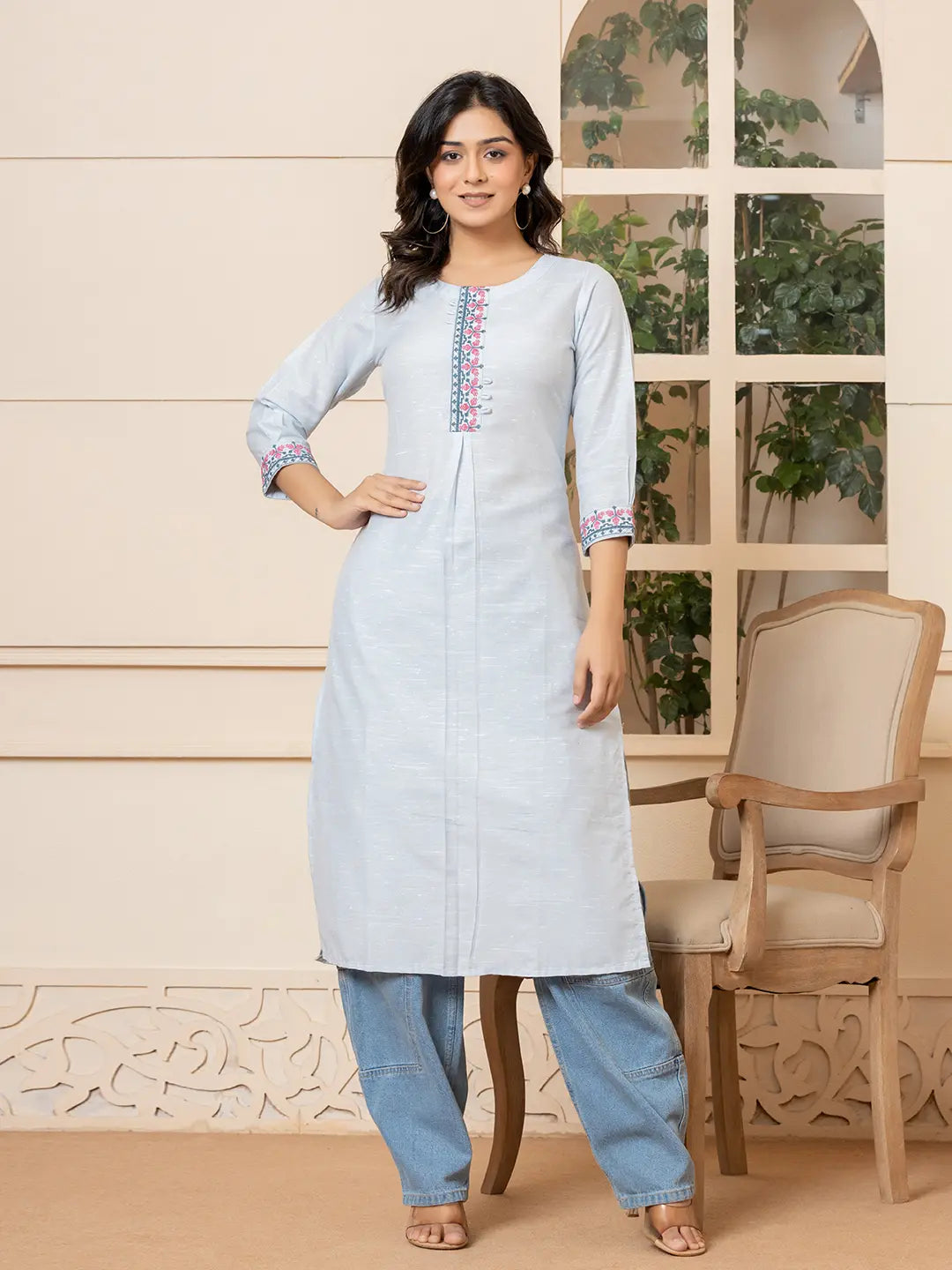 Yufta Linen Sky Blue Embroidery Straight Kurta