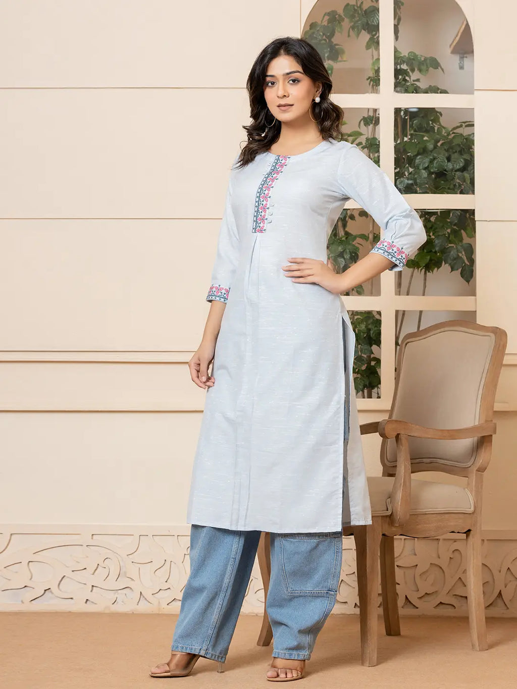 Yufta Linen Sky Blue Embroidery Straight Kurta