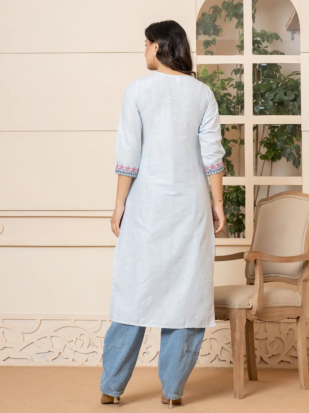 Yufta Linen Sky Blue Embroidery Straight Kurta
