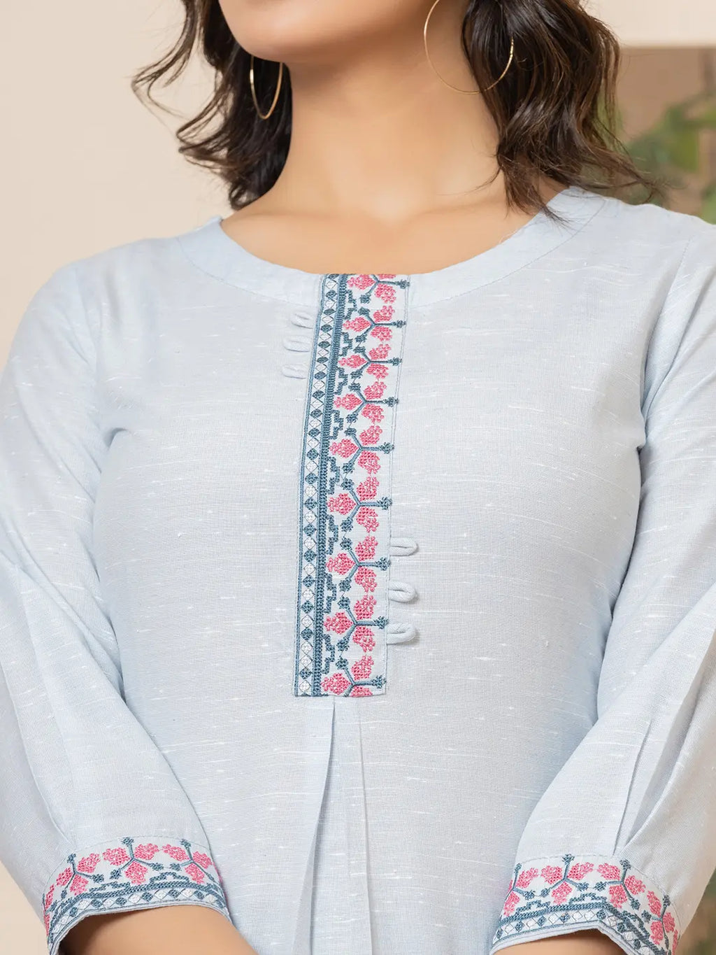 Yufta Linen Sky Blue Embroidery Straight Kurta