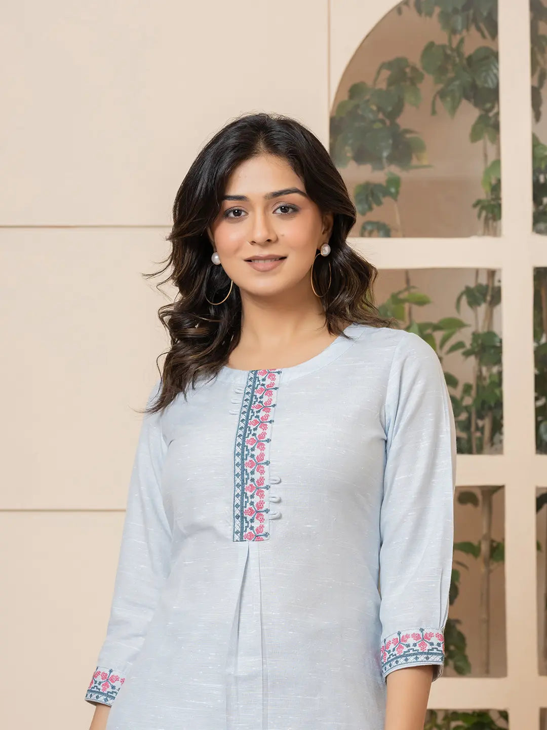 Yufta Linen Sky Blue Embroidery Straight Kurta