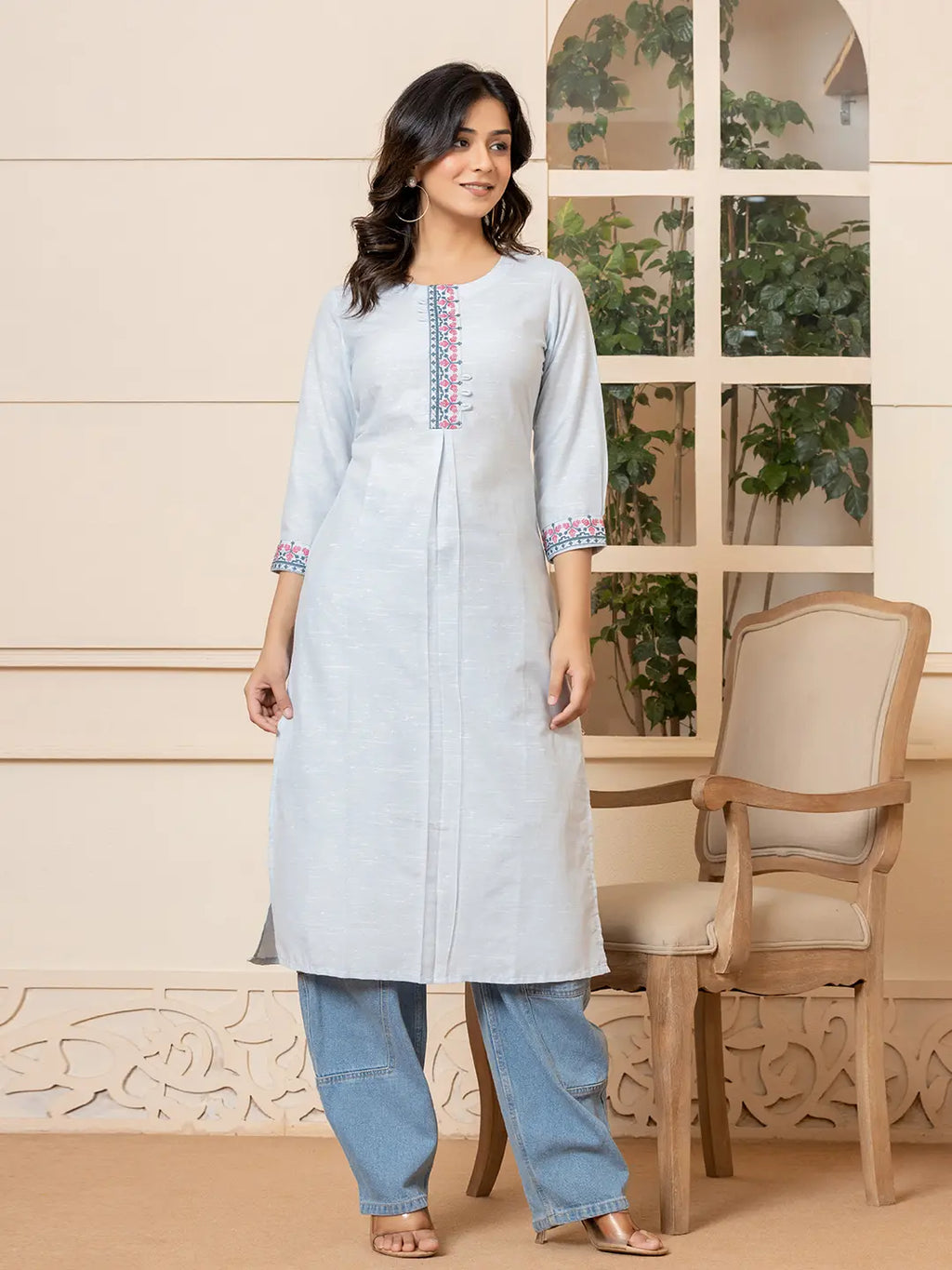 Yufta Linen Sky Blue Embroidery Straight Kurta