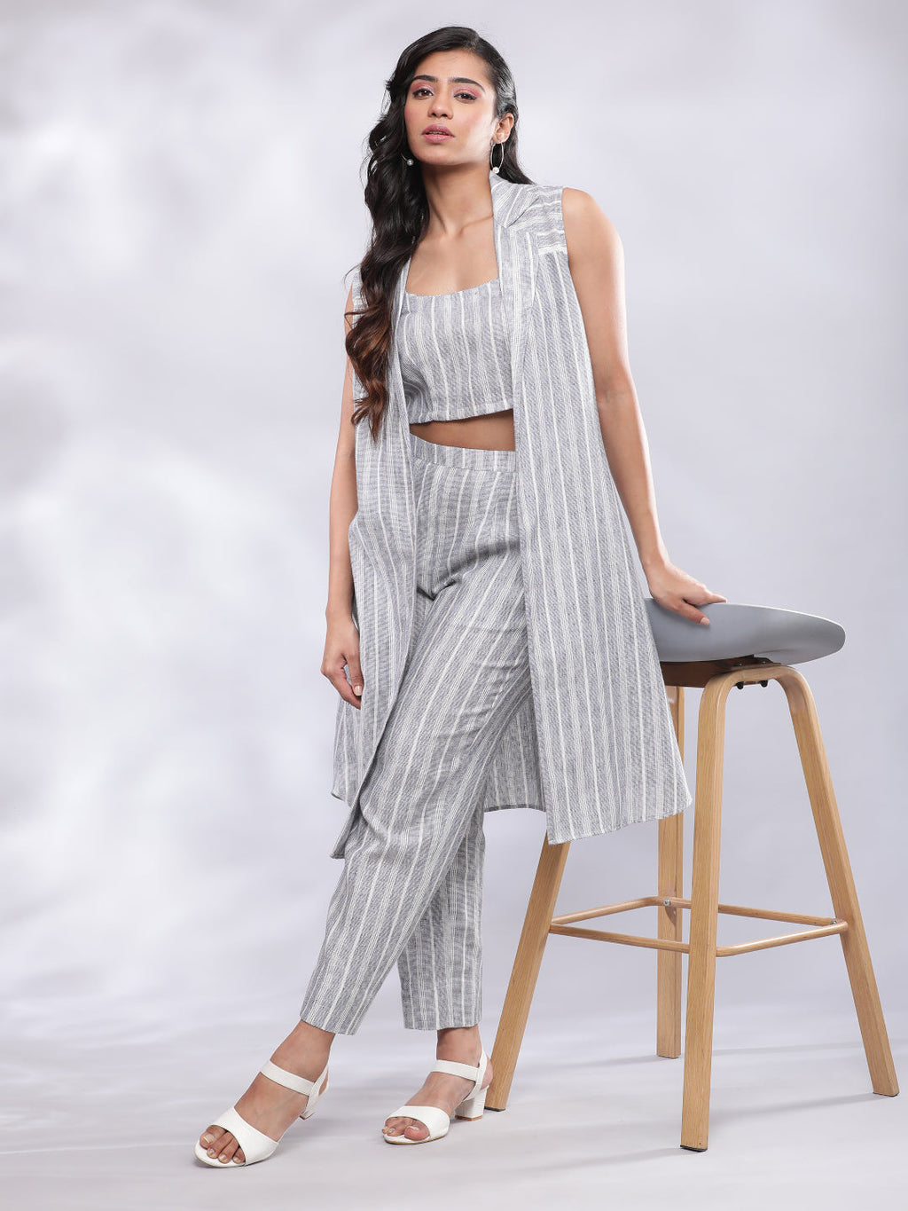 BohoJazz Striped Linen Three Piece Co-ord Set - Blue & White - Distacart
