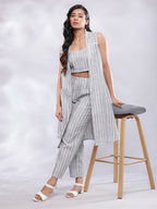 BohoJazz Striped Linen Three Piece Co-ord Set - Blue & White - Distacart