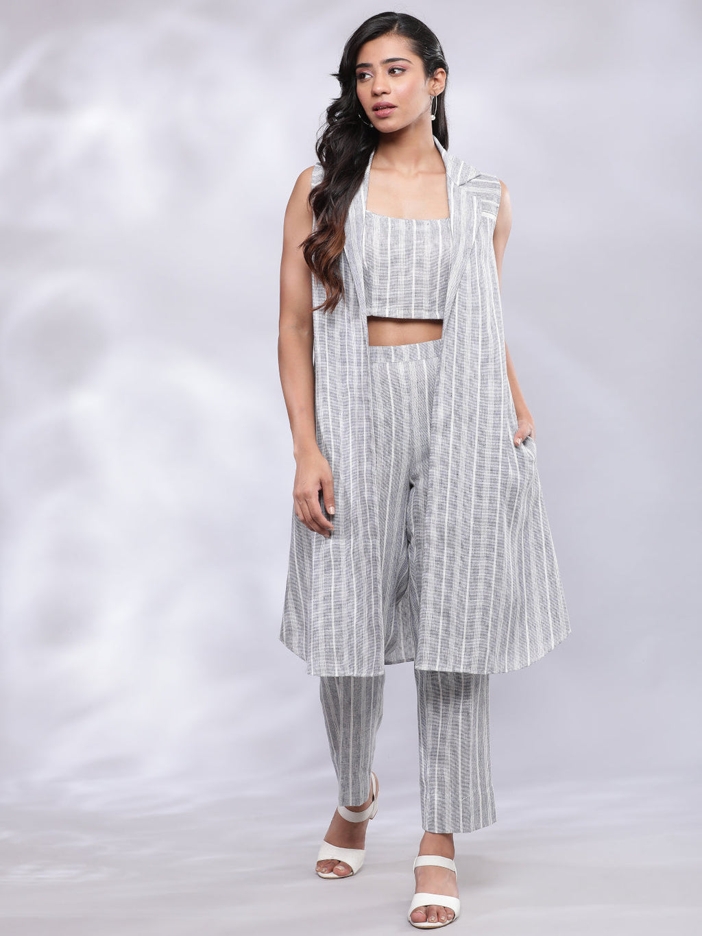 BohoJazz Striped Linen Three Piece Co-ord Set - Blue & White - Distacart