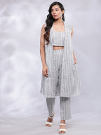 BohoJazz Striped Linen Three Piece Co-ord Set - Blue & White - Distacart