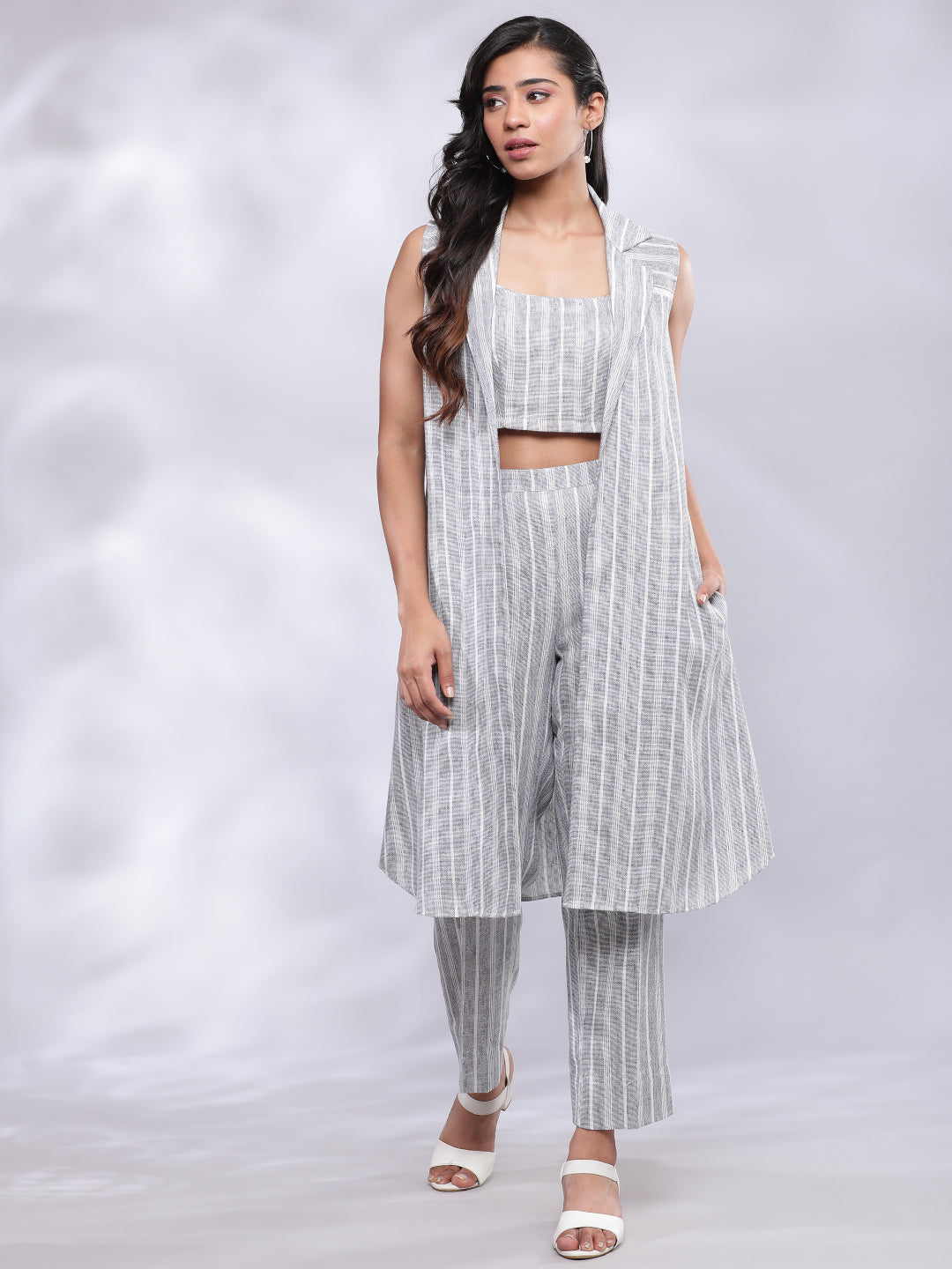 BohoJazz Striped Linen Three Piece Co-ord Set - Blue & White - Distacart