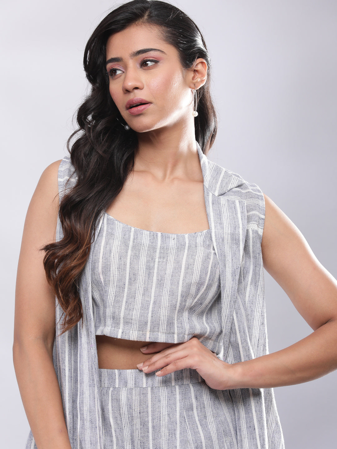 BohoJazz Striped Linen Three Piece Co-ord Set - Blue & White - Distacart