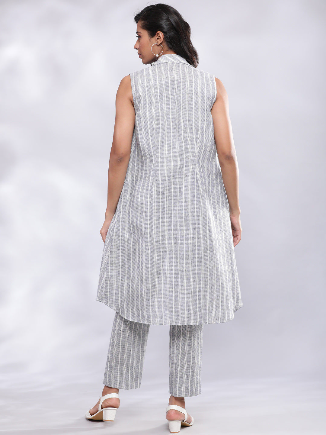 BohoJazz Striped Linen Three Piece Co-ord Set - Blue & White - Distacart