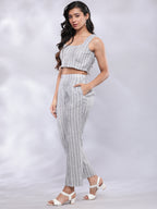 BohoJazz Striped Linen Three Piece Co-ord Set - Blue & White - Distacart