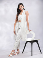 BohoJazz Striped Linen Three Piece Co-ord Set - White & Blue - Distacart