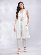 BohoJazz Striped Linen Three Piece Co-ord Set - White & Blue - Distacart