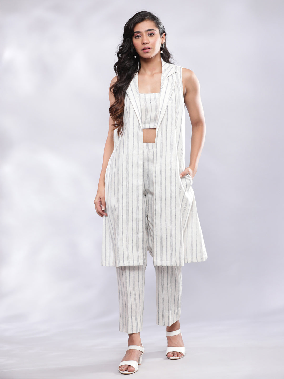 BohoJazz Striped Linen Three Piece Co-ord Set - White & Blue - Distacart