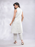BohoJazz Striped Linen Three Piece Co-ord Set - White & Blue - Distacart