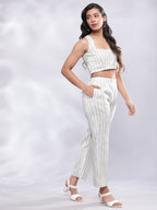 BohoJazz Striped Linen Three Piece Co-ord Set - White & Blue - Distacart
