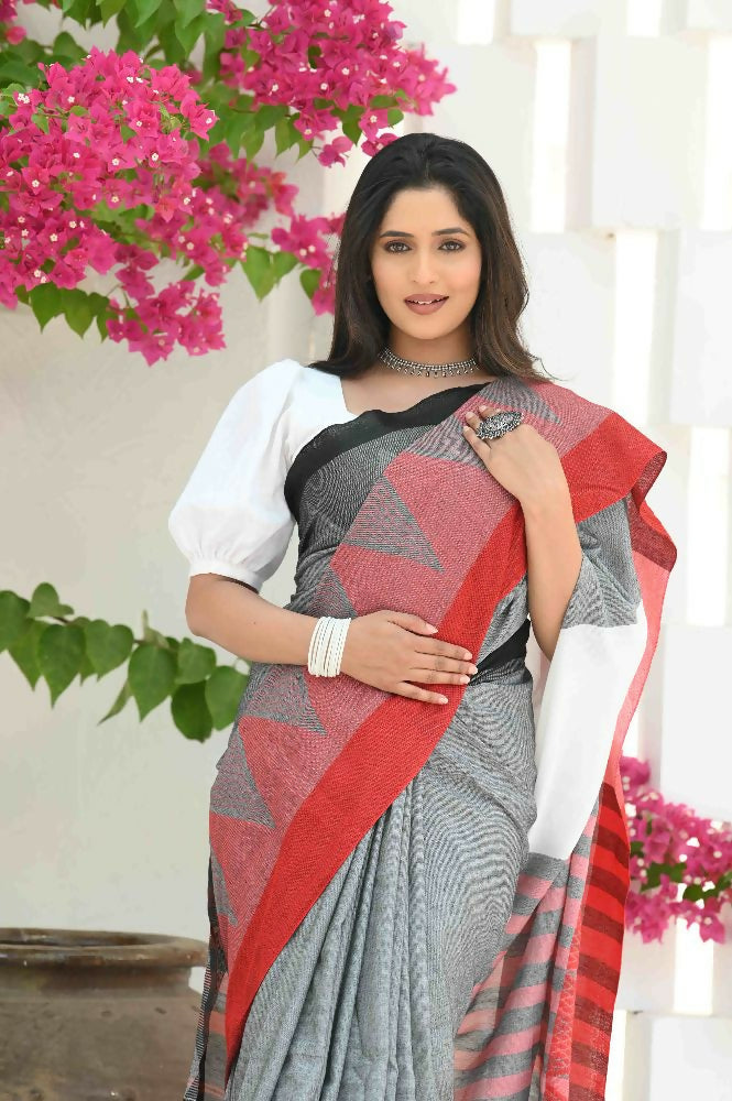 Beatitude Grey Temple Border Cotton Saree