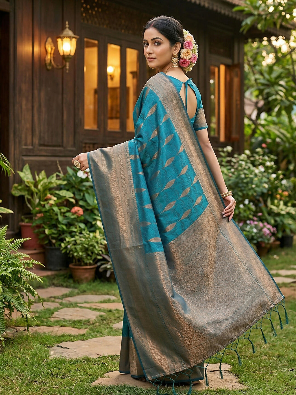 Shree Shyam Fashion Rama Blue Silk Blend Saree - Distacart