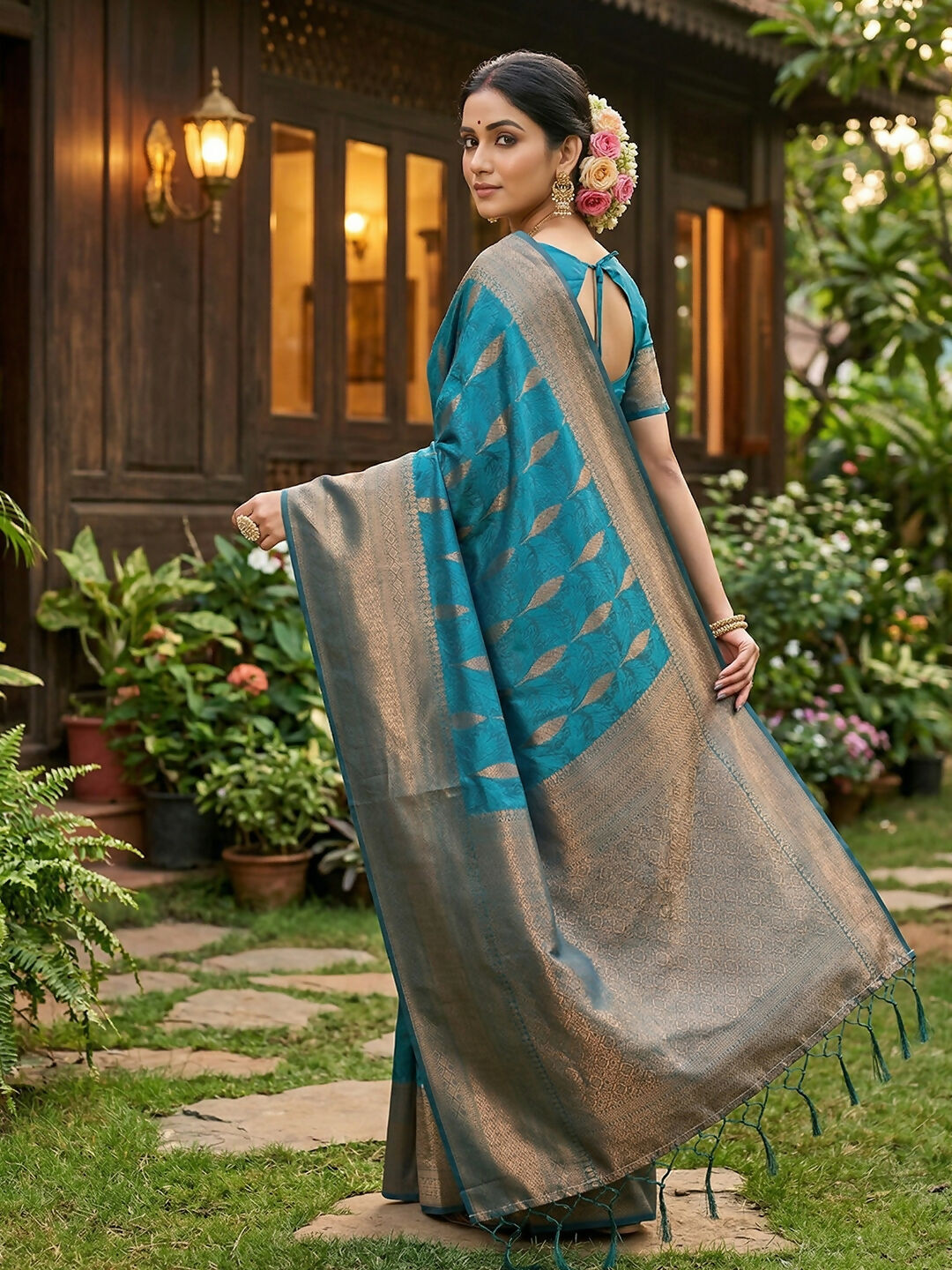 Shree Shyam Fashion Rama Blue Silk Blend Saree - Distacart