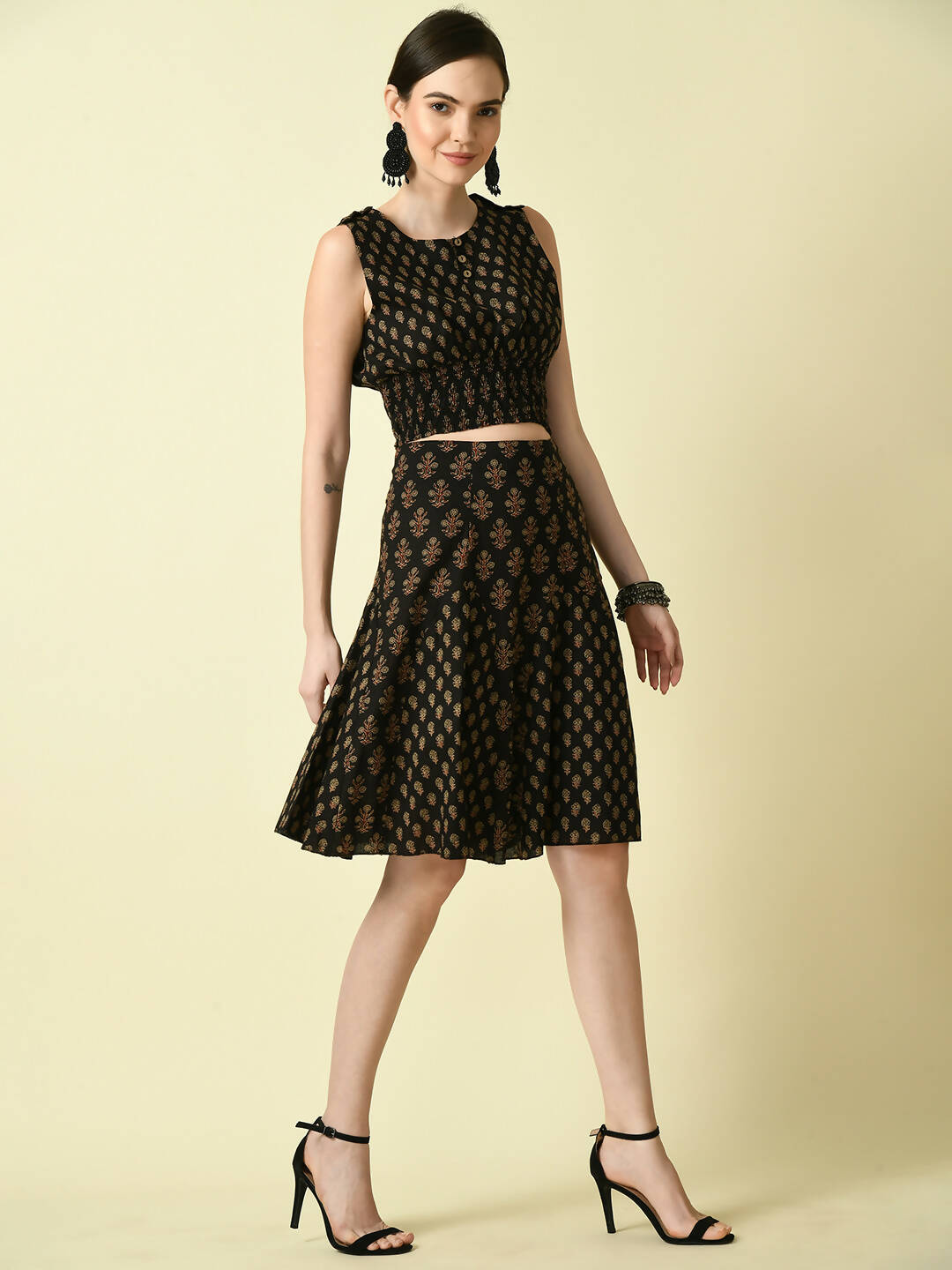 Myshka Women's Black Pure Cotton Printed Flared Skirt