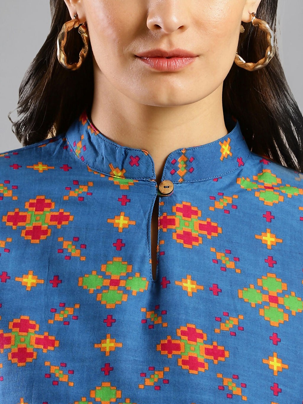 Women Blue & Green Pure Cotton Abstract Print Aline Top - Bosky