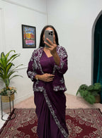 Teeya Creation Wine Color Chinon Silk Wedding Wear Ready To Wear Saree With Koti - Distacart
