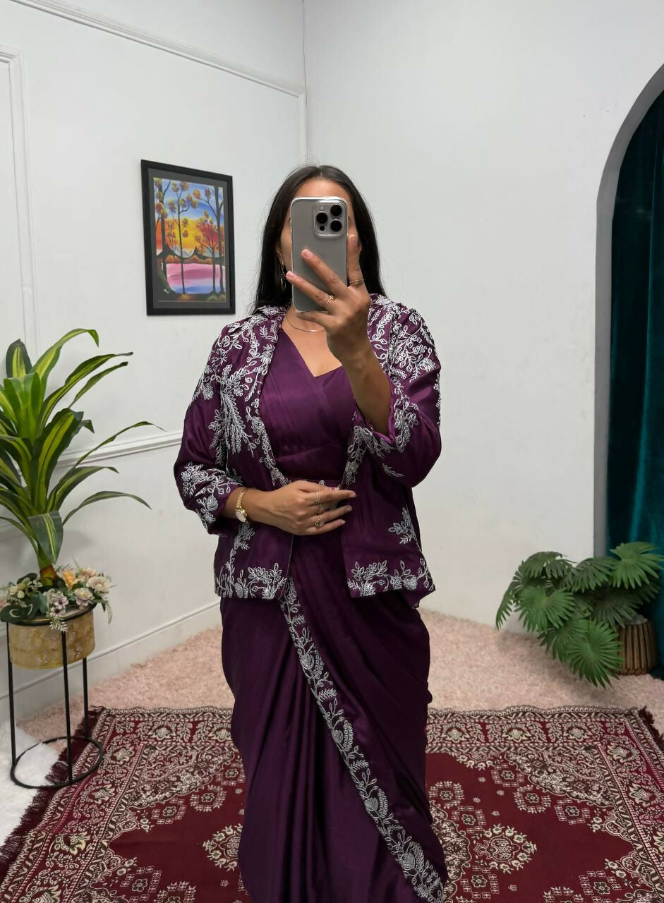 Teeya Creation Wine Color Chinon Silk Wedding Wear Ready To Wear Saree With Koti - Distacart