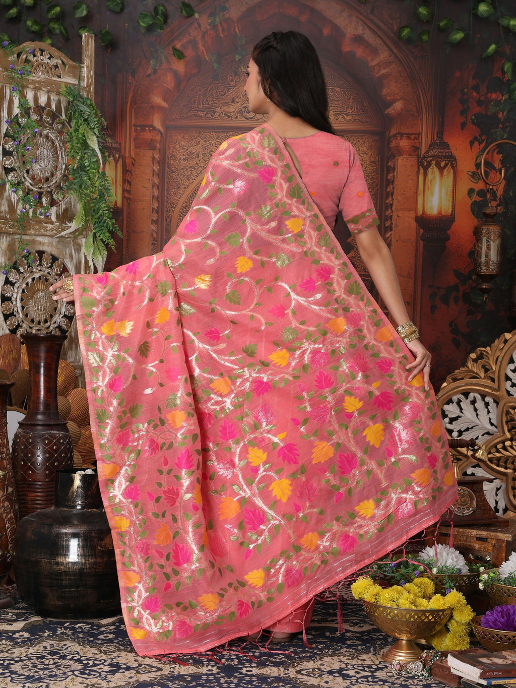 Shree Shyam Fashion Linen Cotton Pink Saree - Distacart