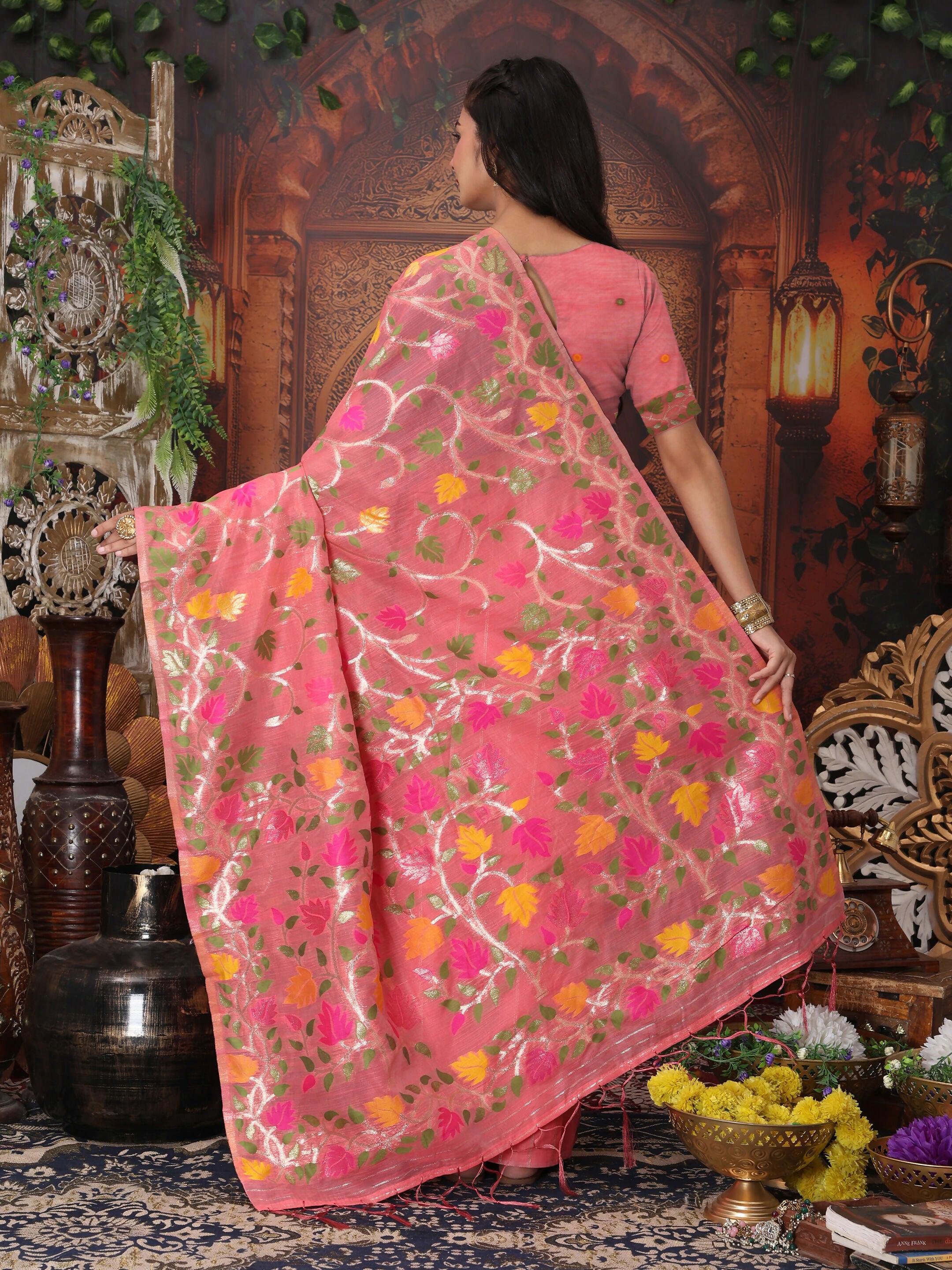 Shree Shyam Fashion Linen Cotton Pink Saree - Distacart