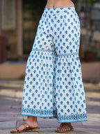 Juniper Women's Blue Cotton Cambric Floral Placement Printed Anarkali Kurta Sharara & Dupatta Set - Distacart