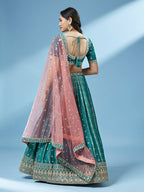 House of Panchhi Green Pure Georgette Sequins Embroidered Lehenga
