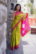 Very Much Indian Handloom Cotton Viscose Ilkal Saree - Bright Green - Distacart