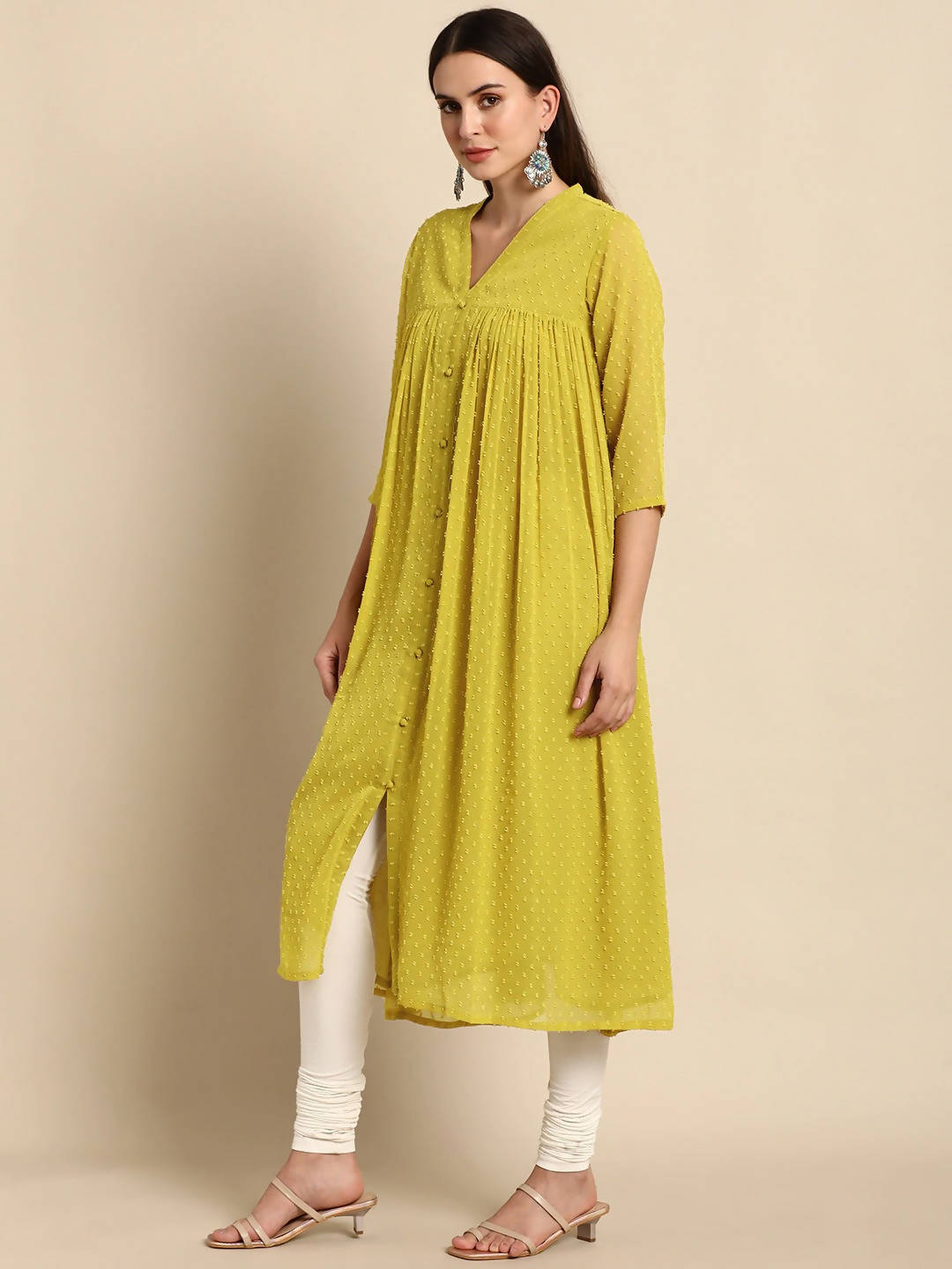 Janasya Mustard Yellow Dobby Weave Poly Chiffon Kurta - Distacart