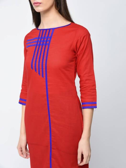 Aniyah Cotton Red Color Straight Kurta With Patchwork (AN-108K)