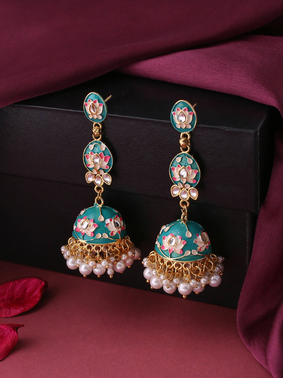 NVR Women Gold Plated Blue Kundan Jhumkas Earrings - Distacart